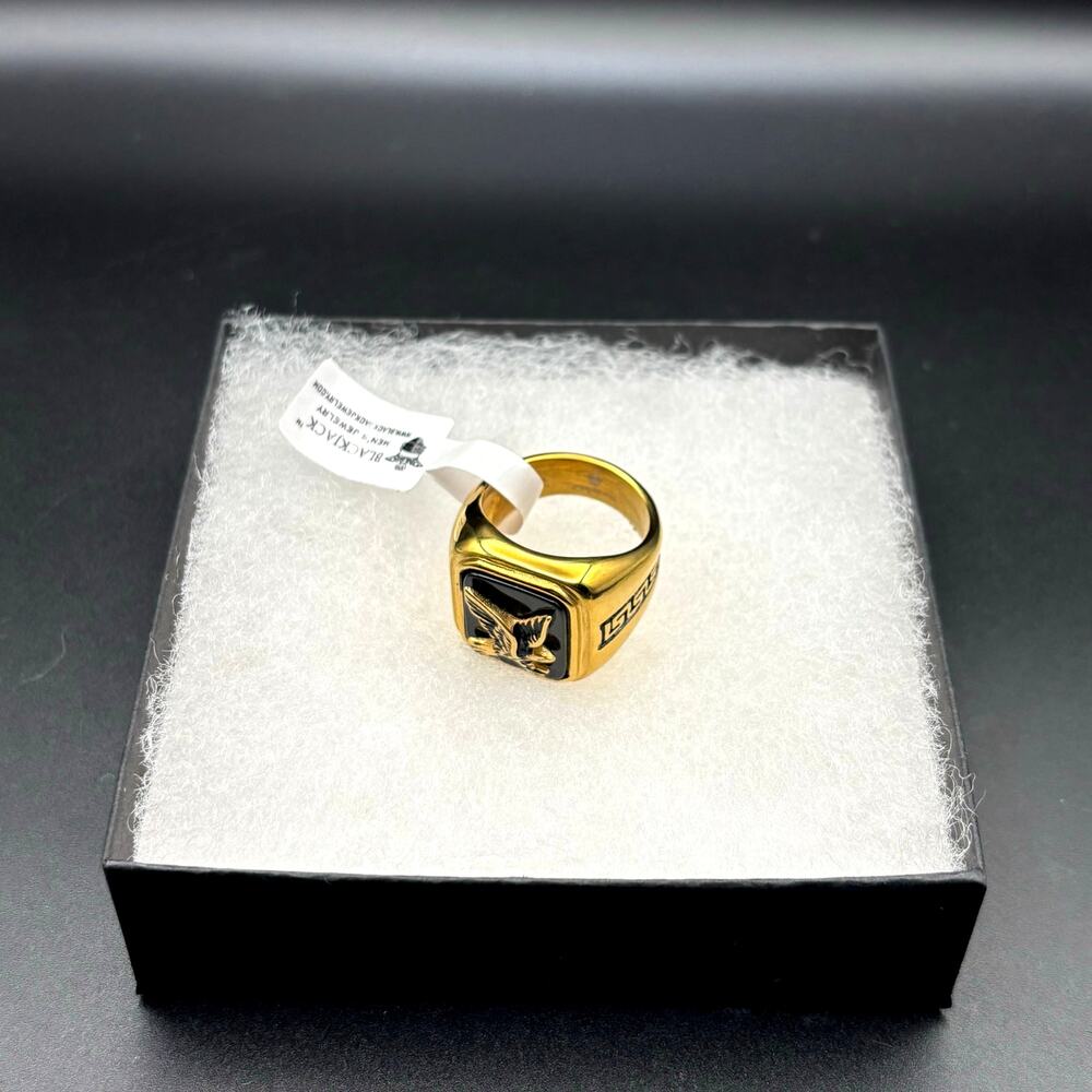 Blackjack BJZ03G Mens Onyx Eagle Ring 18K Gold Plated Stainless Steel NWT SZ#10